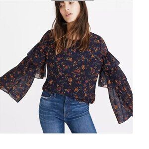 Madewell Navy Blue Floral Ruffle Sleeve Top